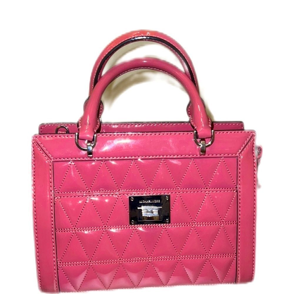 Michael Kors Vivianne Pink Small Top Zip Quilted Patent Leather Crossbody Bag